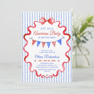 An All American Baby Shower Red Blue Bow Stripes Invitation