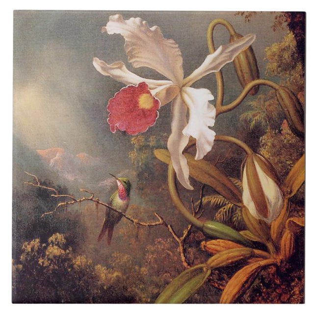 An Amethyst Hummingbird with a White Orchid Tile (Front)