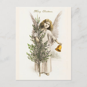 An angel holding a Christmas bell Vintage Holiday Postcard