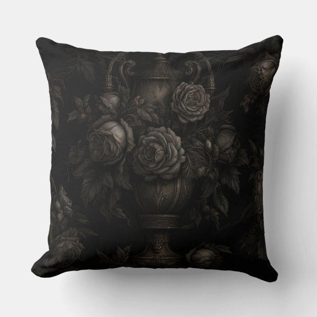 An Antique Urn is surrounded by Roses Throw Pillow (Front)