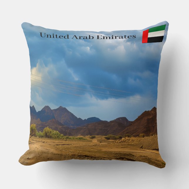 An arid landscape under a dramatic, cloudy sky throw pillow (Front)