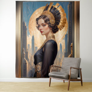 An Art Deco Beauty By A Golden Disc by Xzendor7 Tapestry