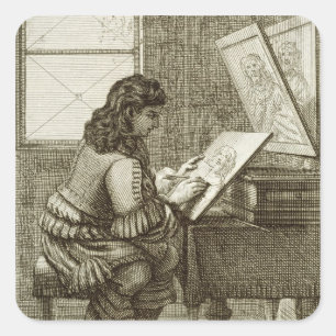 An artist copying onto an engraving plate, printed square sticker