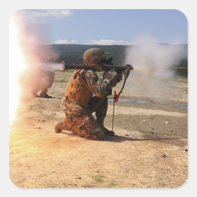 An assaultman fires a Rocket Propelled Grenade Square Sticker (Front)