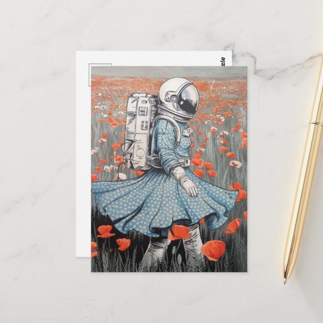  an astronaut in a blue dress walking in poppies postcard (Front/Back In Situ)
