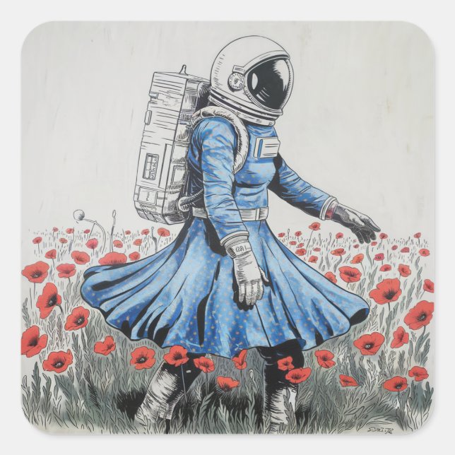  an astronaut in a blue dress walking in poppies square sticker (Front)
