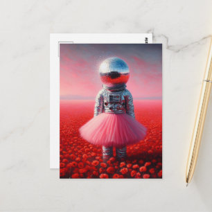 An astronaut in a tutu disco ball head poppies postcard