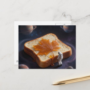 An astronaut with a breakfast maple syrup bread postcard