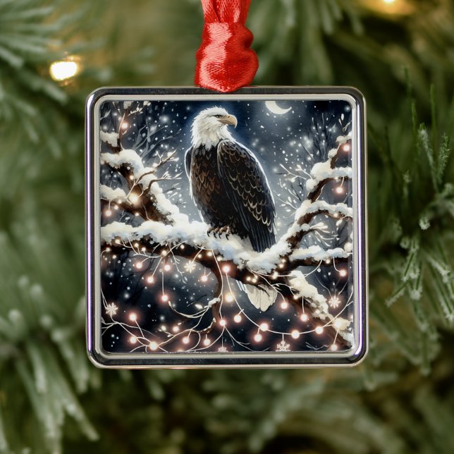An Eagle atop a Snow filled Branch Christmas Metal Ornament (Tree)