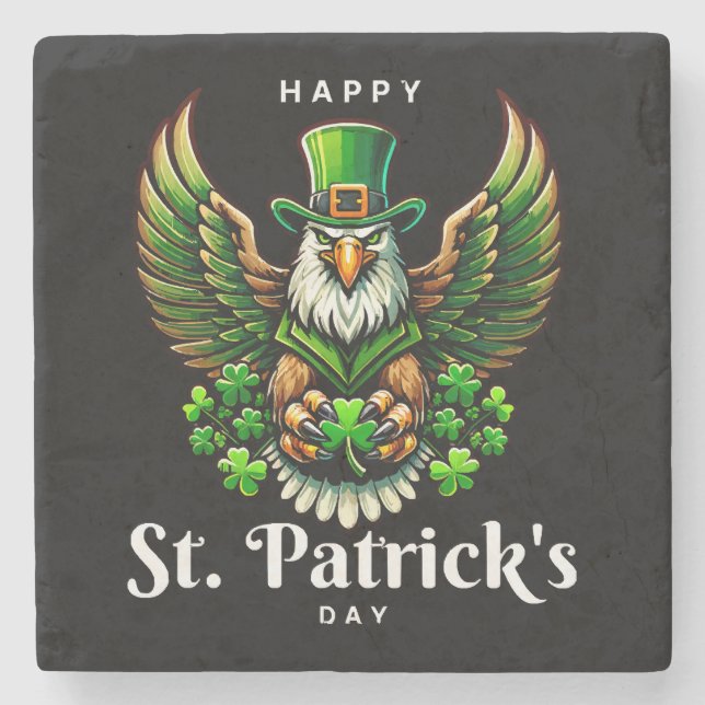 an eagle with green leprechaun hat stone coaster (Front)