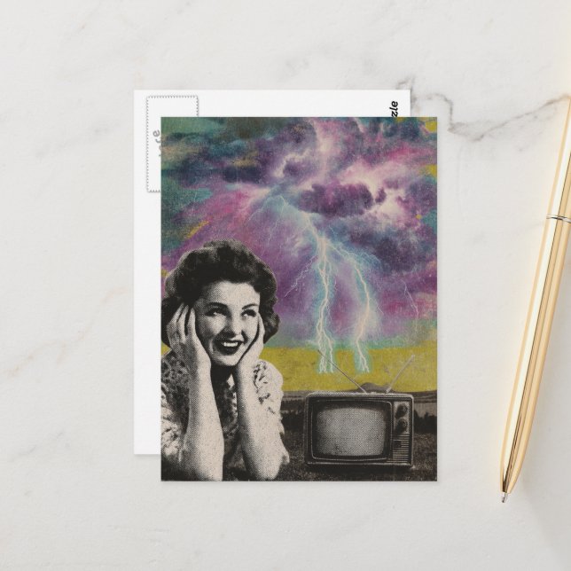 An electrifying collage of a woman purple sky postcard (Front/Back In Situ)
