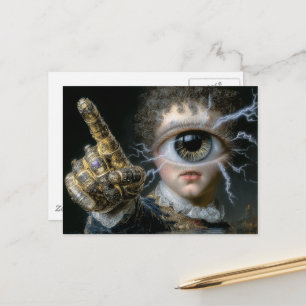 An electrifying one eyed person pointing a finger postcard