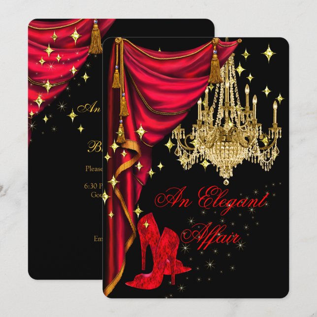 An Elegant Affair Red Gold Chandelier Birthday Invitation (Front/Back)