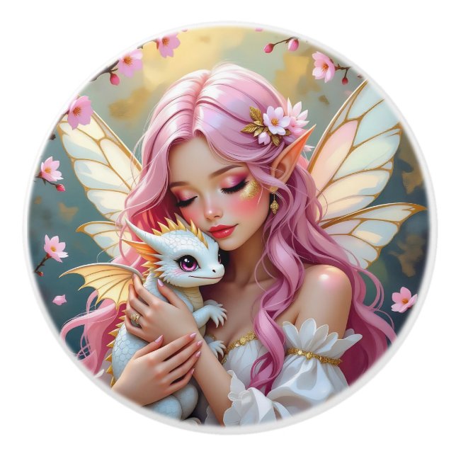 An Elegant Fairy and her Baby Dragon   Ceramic Knob (Front)