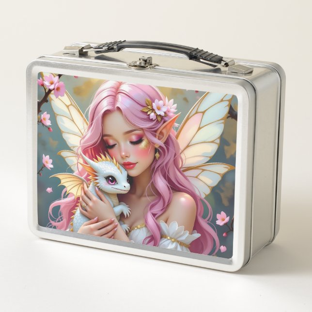 An Elegant Fairy and her Baby Dragon Personalized Metal Lunch Box (Front)