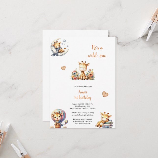 AN ELEGANT GIRAFFE BIRTHDAY INVITATION (Front/Back In Situ)