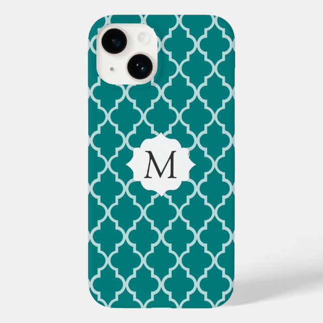 An Elegant Teal Green & White Moroccan Quatrefoil Case-Mate iPhone Case (Back)