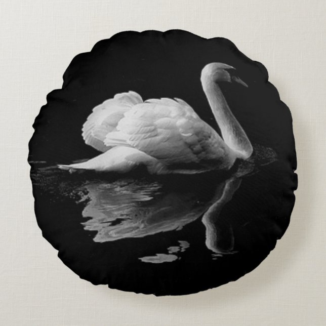 An Elegant White Swan On A Black Background Round Pillow (Front)