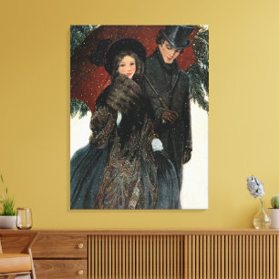 An elegantly dressed couple,Umbrella,Snow Old Time Canvas Print