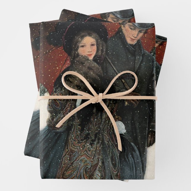 An elegantly dressed couple,Umbrella,Snow Old Time Wrapping Paper Sheet (In situ)