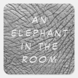 An elephant in the room skin photo with white text square sticker