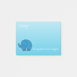 An elephant never forgets, on blue, personalized post-it notes