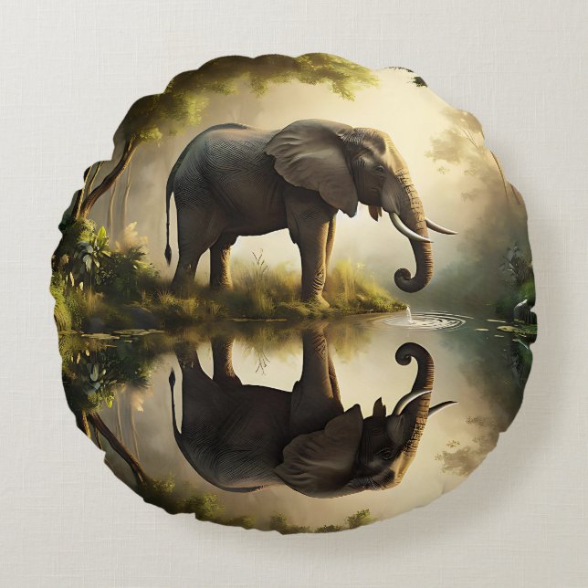 An Elephant's Reflection Round Pillow (Front)