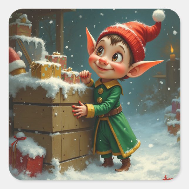 An elf with red fingernail polish square sticker (Front)