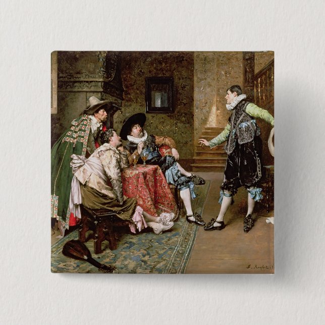 An Engaging Tale, 1894 (oil on panel) 2 Inch Square Button (Front)