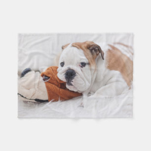 An English Bulldog Puppy Playing With A Bulldog Fleece Blanket