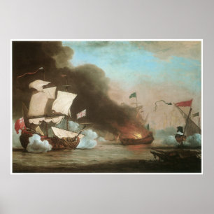 An English ship in Action with Barbary Pirates Poster