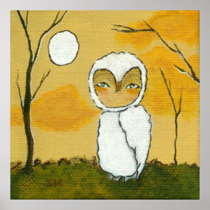 An Evening Stroll Whimsical Woodland White Owl Art Poster