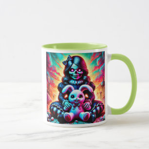 An evil doll and her favorite rabbit. mug