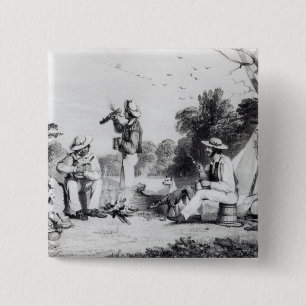 An exploring party 2 inch square button