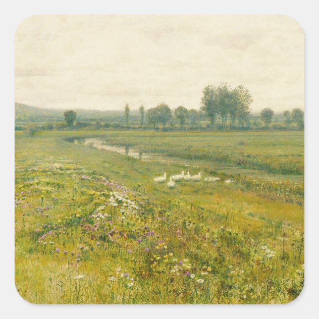 An Extensive Meadow Landscape with Geese Square Sticker (Front)