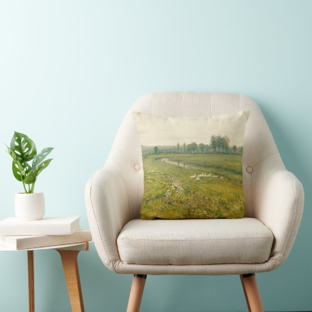 An Extensive Meadow Landscape with Geese Throw Pillow (Chair)