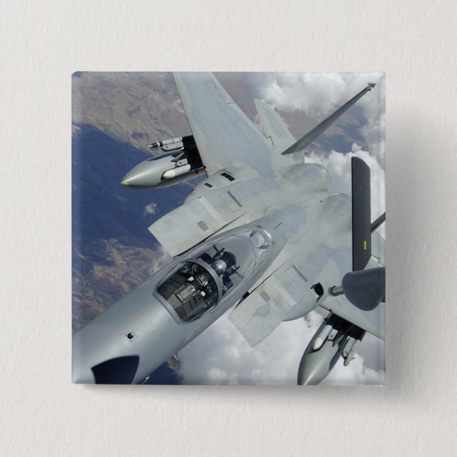 An F-15 Eagle pulls away from a KC-135 2 Inch Square Button (Front)