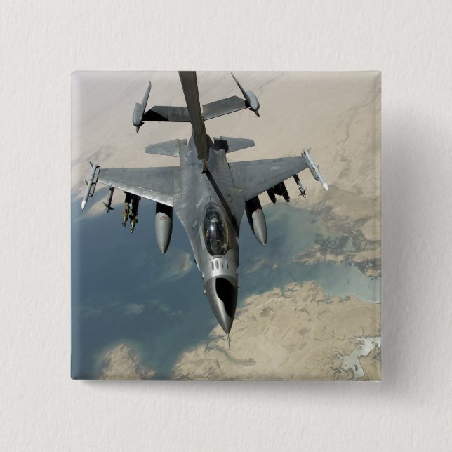 An F-16 Fighting Falcon refuels 2 Inch Square Button (Front)