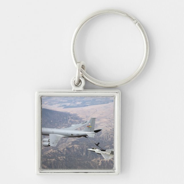 An F-22 Raptor receives fuel from a KC-135 Keychain (Front)