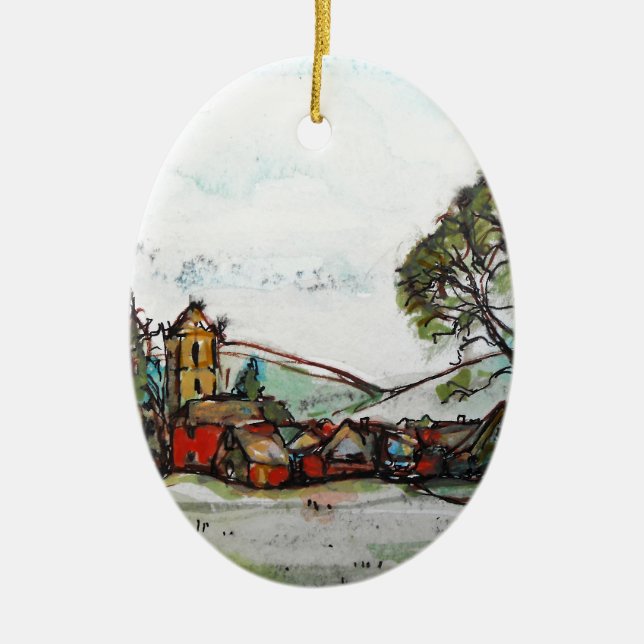 An Idyllic British Village sketch Ceramic Ornament (Front)