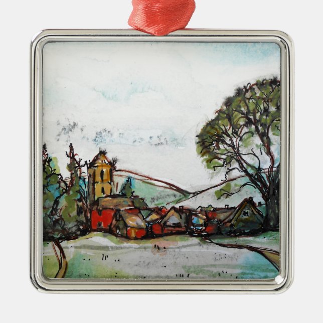 An Idyllic British Village sketch Metal Ornament (Front)