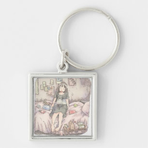 an illustration of a barefoot woman sitting on a p keychain