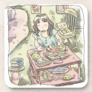 an illustration of a woman clearing a shelf with m coaster