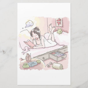 an illustration of a woman lying in a bed in her r stationery