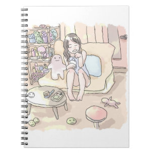 An illustration of a woman sitting barefoot on a s notebook