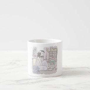 an illustration of a woman sitting by a book piled espresso cup