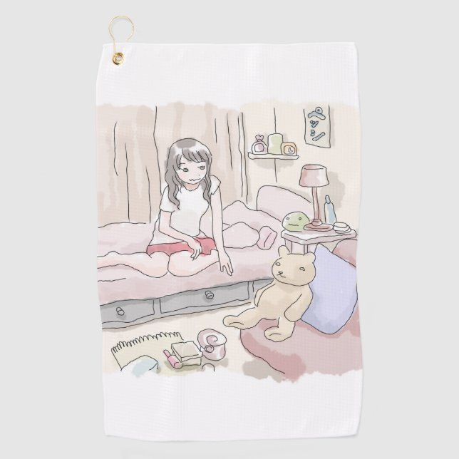 an illustration of a woman sitting in a bedroom be golf towel (Front)