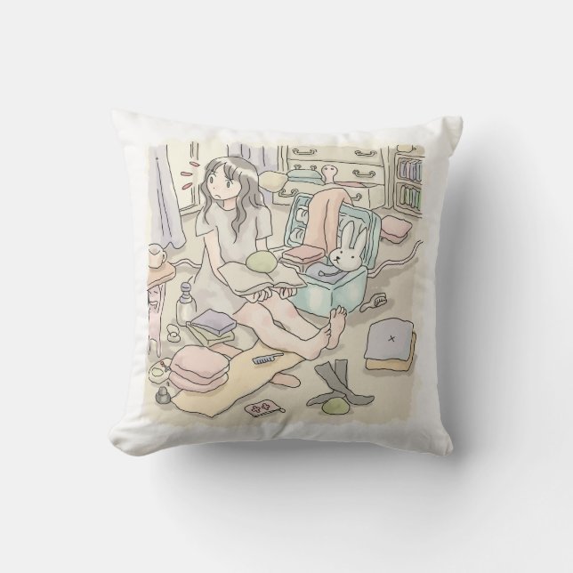 an illustration of a woman sitting in a carpetbag  throw pillow (Front)