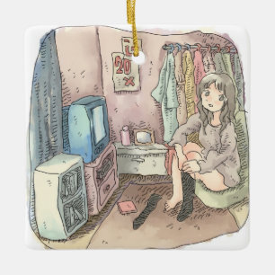 an illustration of a woman sitting in a chair in a ceramic ornament