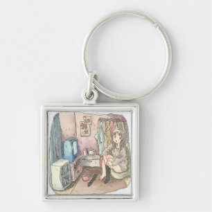 an illustration of a woman sitting in a chair in a keychain